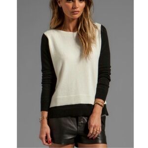 Autumn Cashmere Black/Ivory Two Toned Paneled Crewneck Pullover Sweater Small